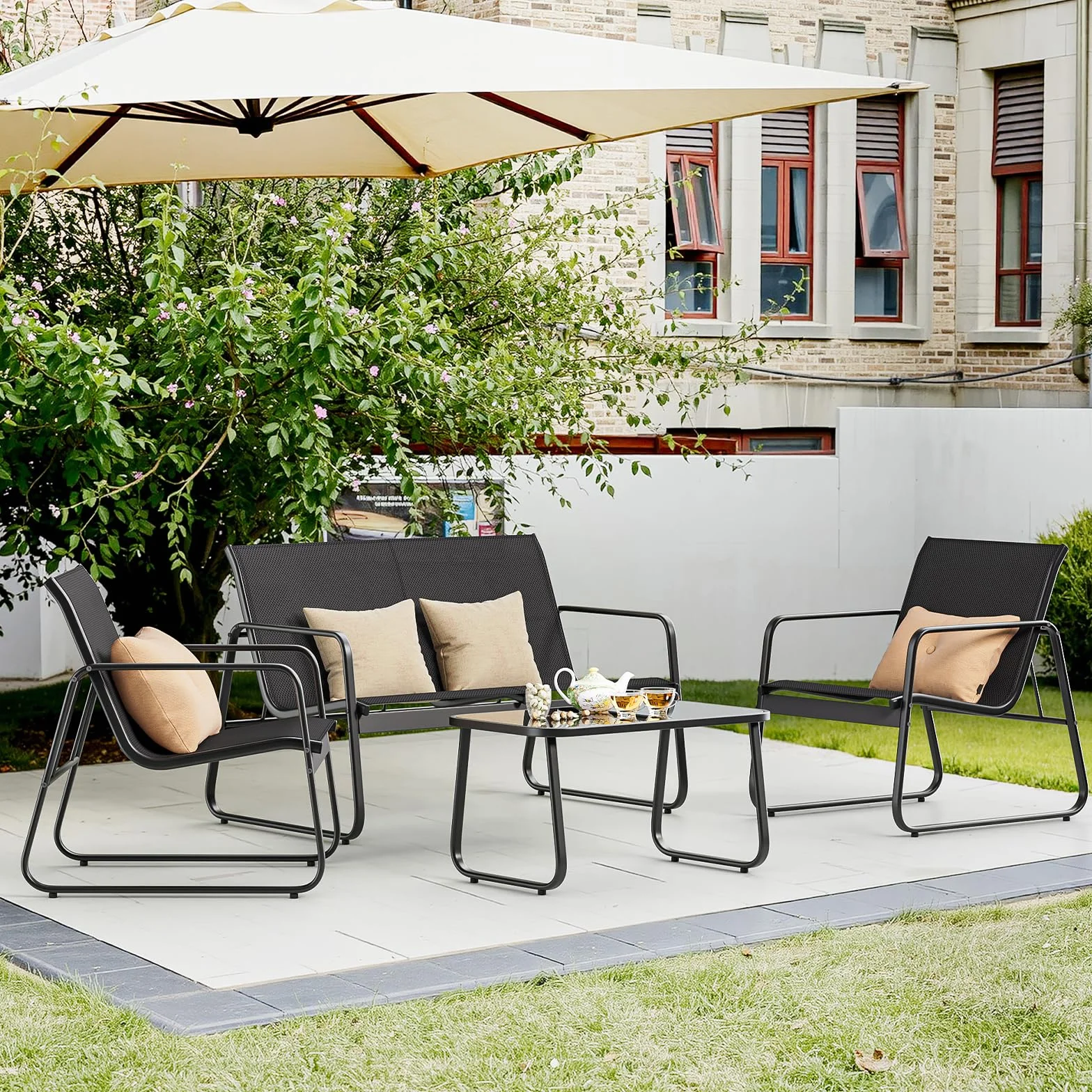 Bealife Ensemble de Meubles de Jardin 4 Pièces Salon de Jardin Métal Textilène 3 Fauteuils Table Verre Noir