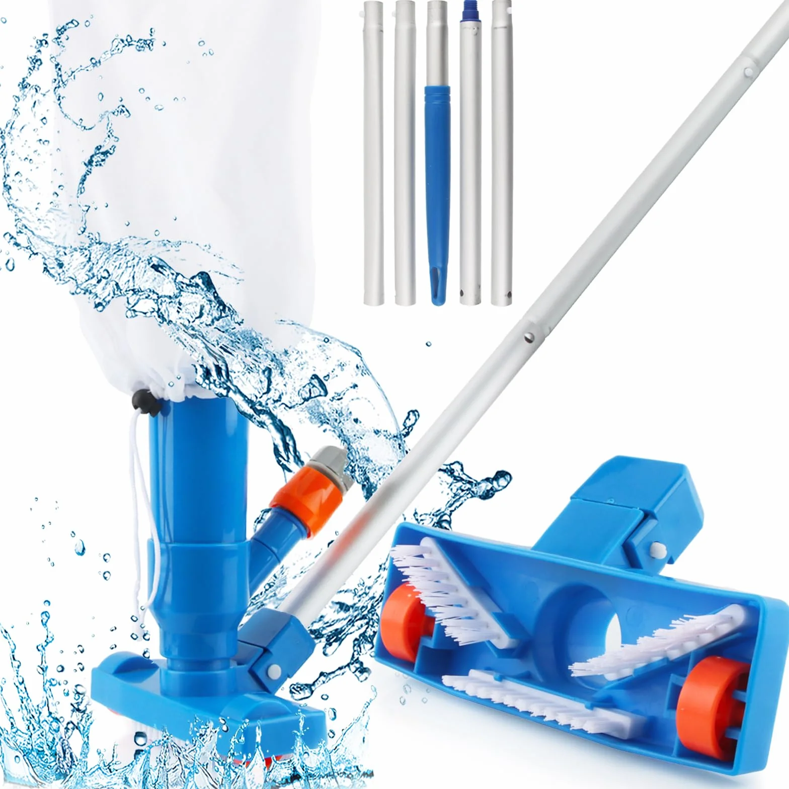 Aspirateur Piscine Balai Nettoyeur Spa avec Sac Filtrant et Perche Réglable Bleu