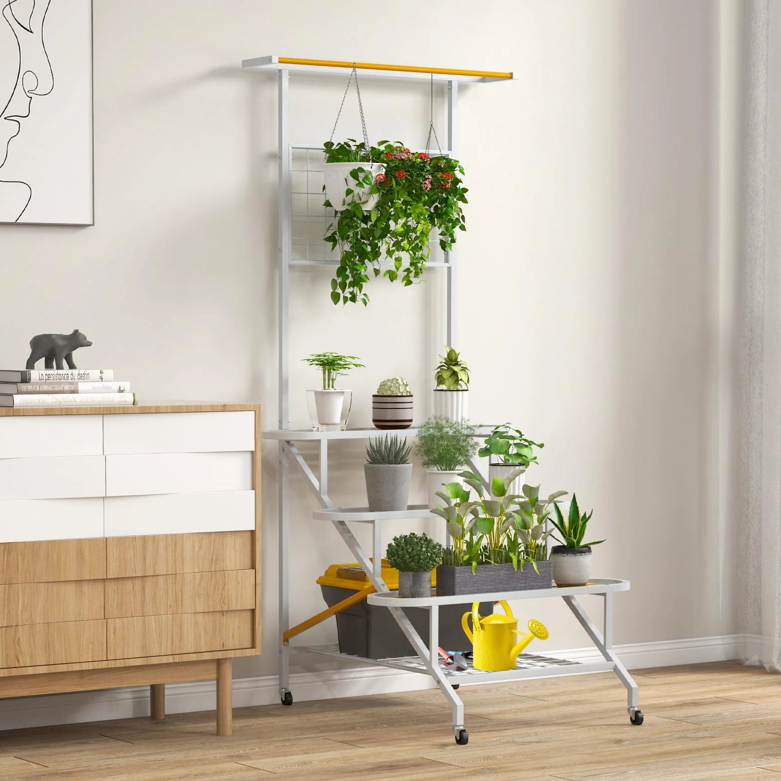 HOMASIS Support de plantes 4 niveaux avec treillis métal sur roulettes blanc naturel