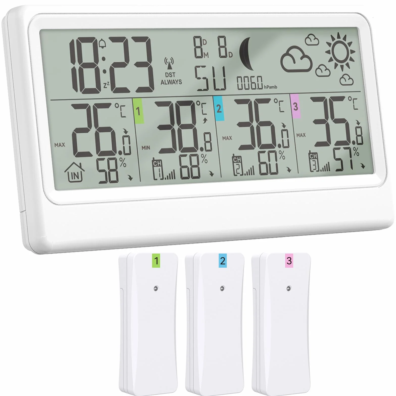 Station Météo Sans Fil 3 Capteurs Intérieur Extérieur Thermomètre Hygromètre Baromètre Écran LED 8,5" Prévisions Horloge Alarme Snooze