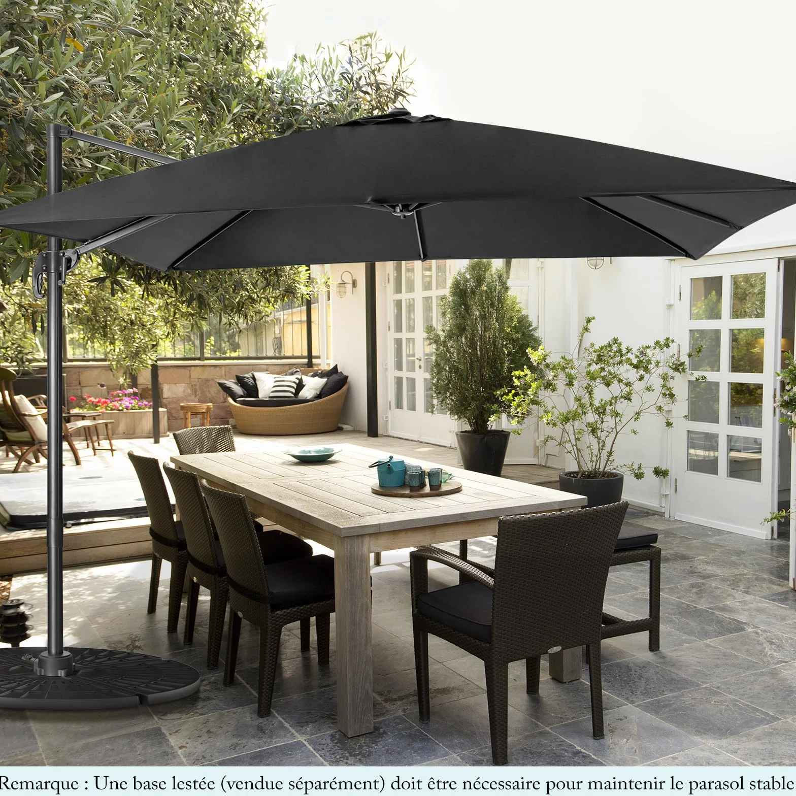 RELAX4LIFE Parasol Déporté Rectangulaire 3x3M Inclinable Rotative 360° Pédale Polyester Anti-UV Jardin Exterieur Noir
