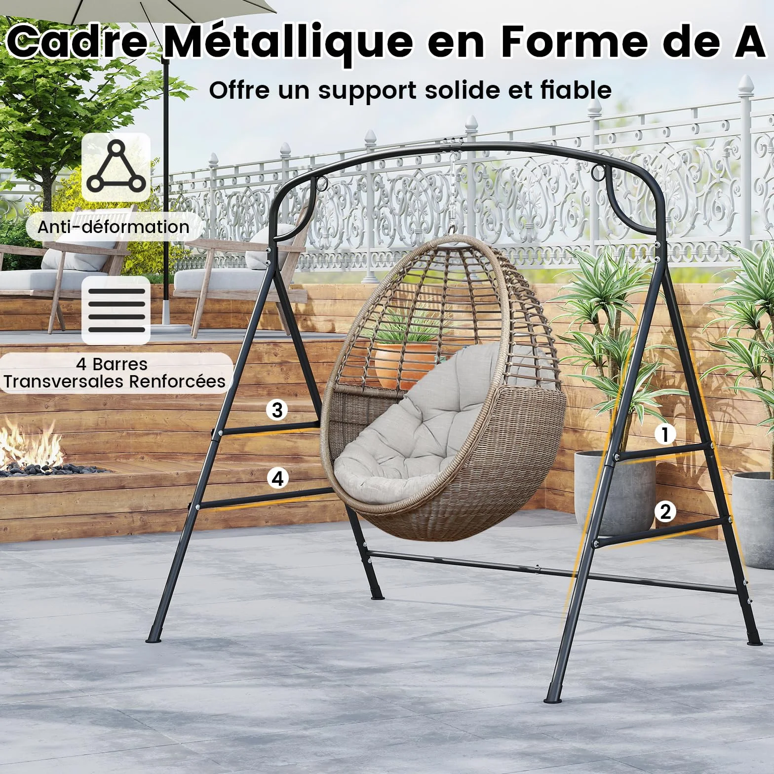 COSTWAY Cadre de Balançoire en Métal 300KG, Support Balancelle Forme A avec Barres Latérales Doubles, 180 x 133 x 182 cm