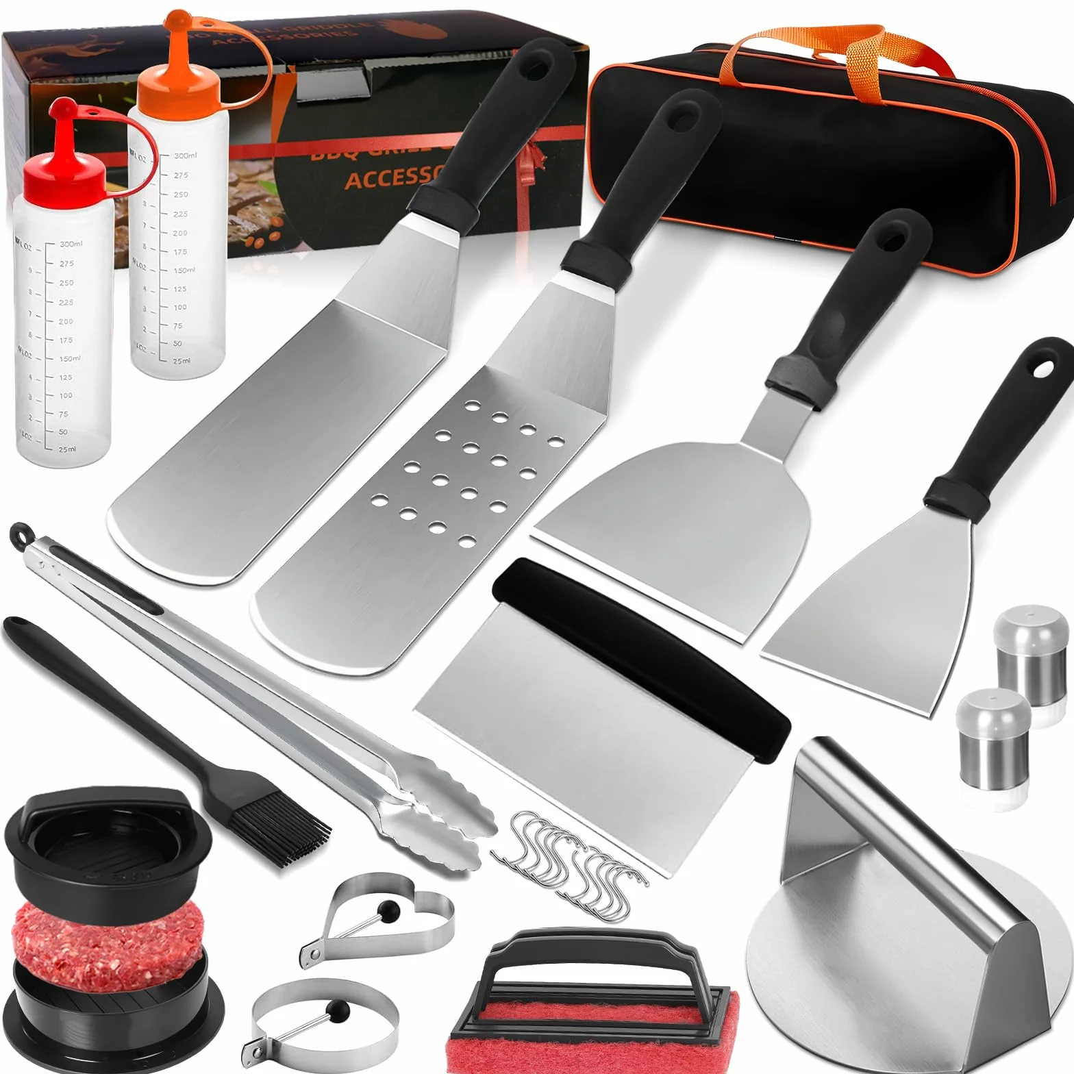 JUAUO Kit 27 Accessoires Plancha Barbecue Acier Inoxydable Inclut Presse à Steak Spatules Sac
