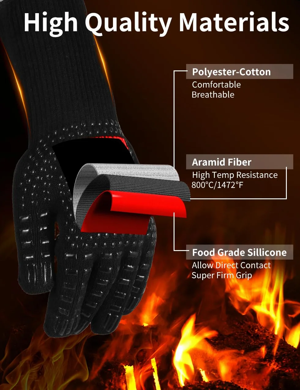 Gants de Barbecue Anti Chaleur 800°C Silicone Ignifuge Antidérapants avec Protection de l'avant-Bras Noir