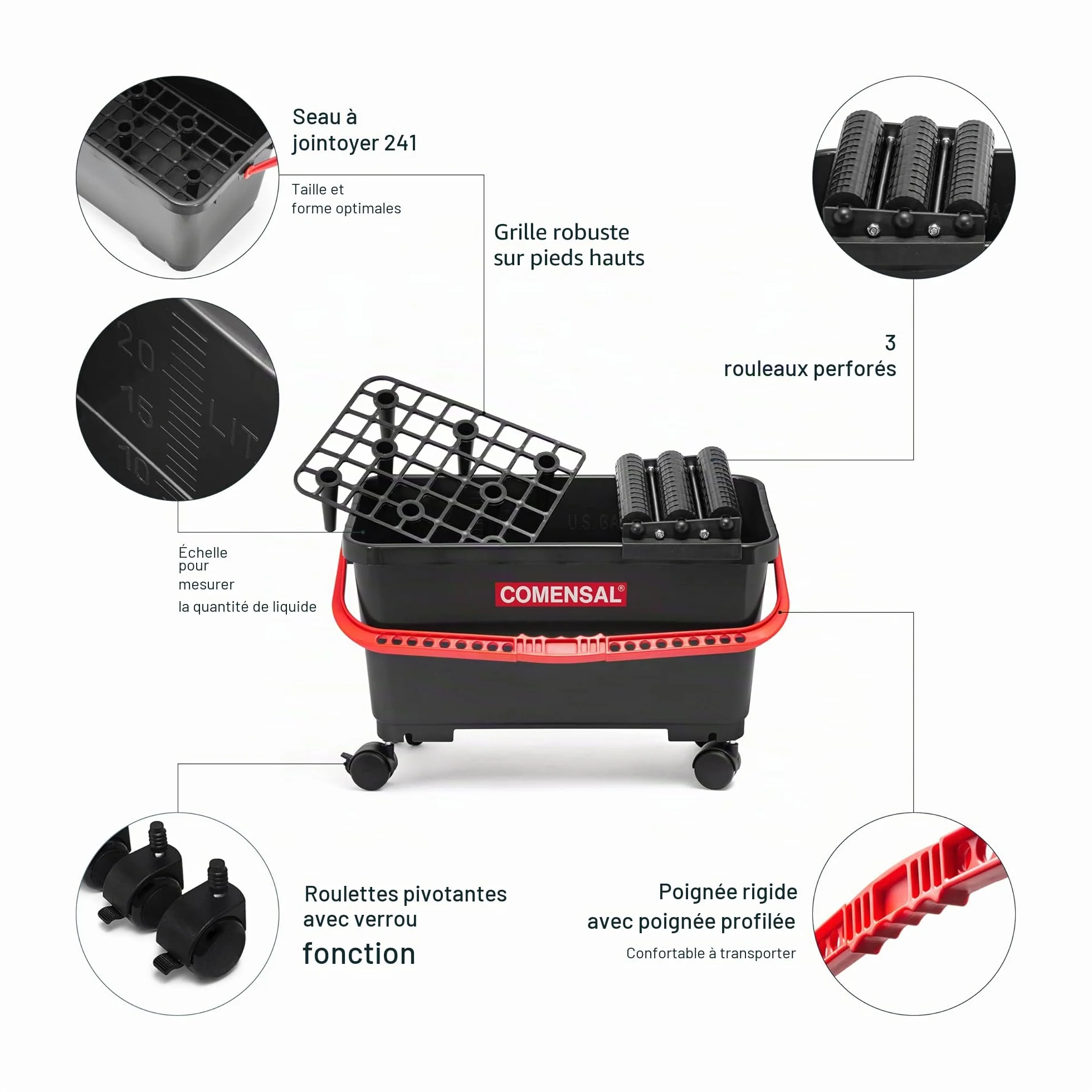COMENSAL® Kit Joint Carrelage - 15 Pièces - XL - 24L - Kit d'outils de Pose de Carrelage - Eponge Hydro - Taloche en Caoutchouc - Rouleau Perforé - Made in EU