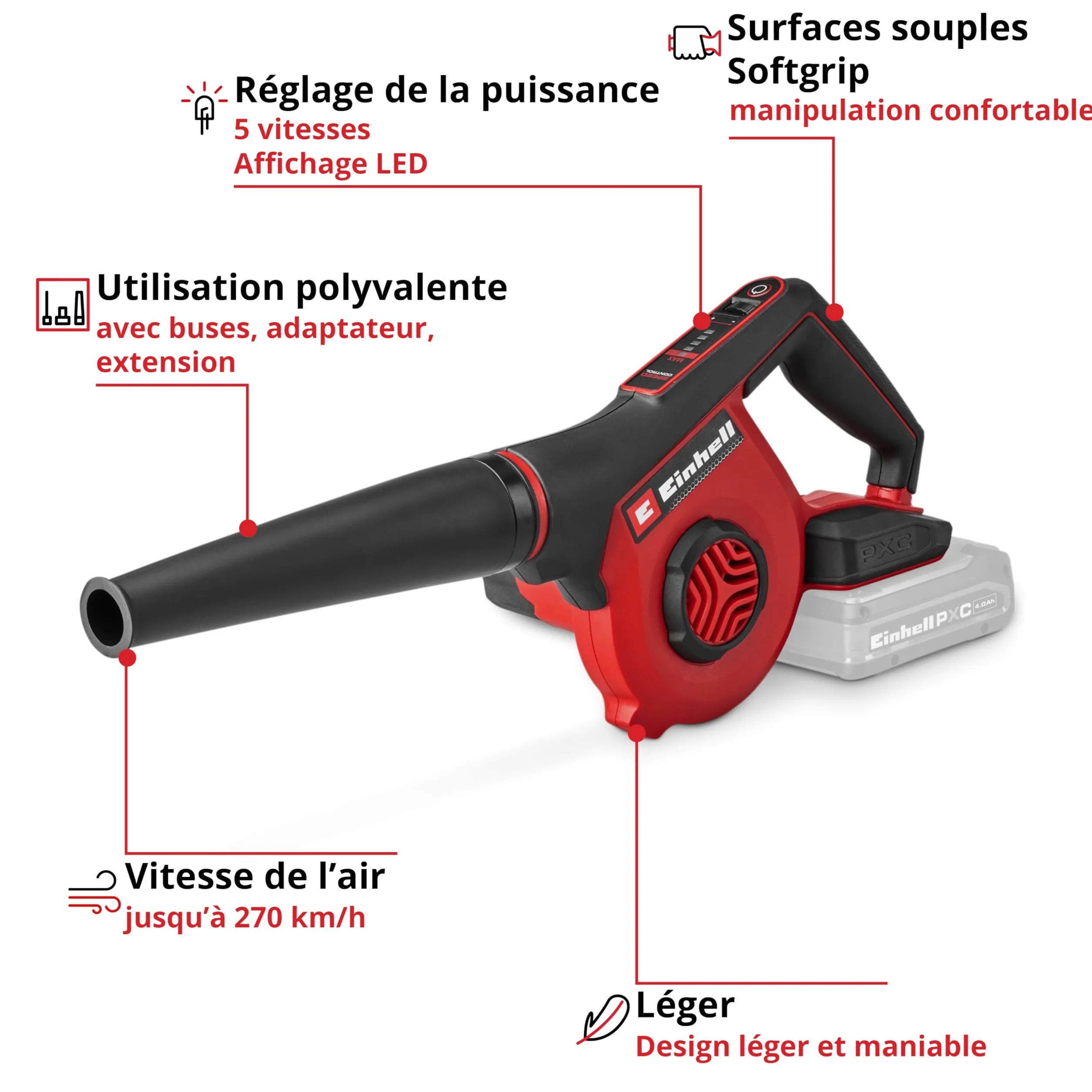 Souffleur sans fil Einhell TE-CB 18/270 Li-Solo Power X-Change 18 V 270 km/h 5 niveaux