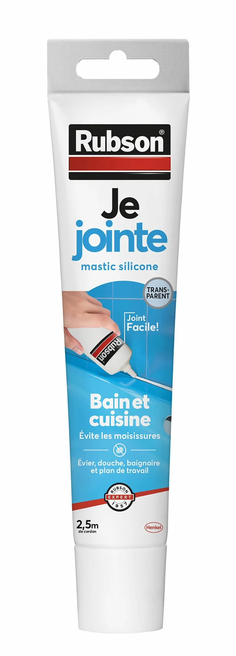Rubson Je Jointe Mastic Transparent 50 ml, mastic étanche anti-moisissure en tube prêt à l'emploi, mastic silicone durable pour joints sanitaires spécial Bain & Cuisine