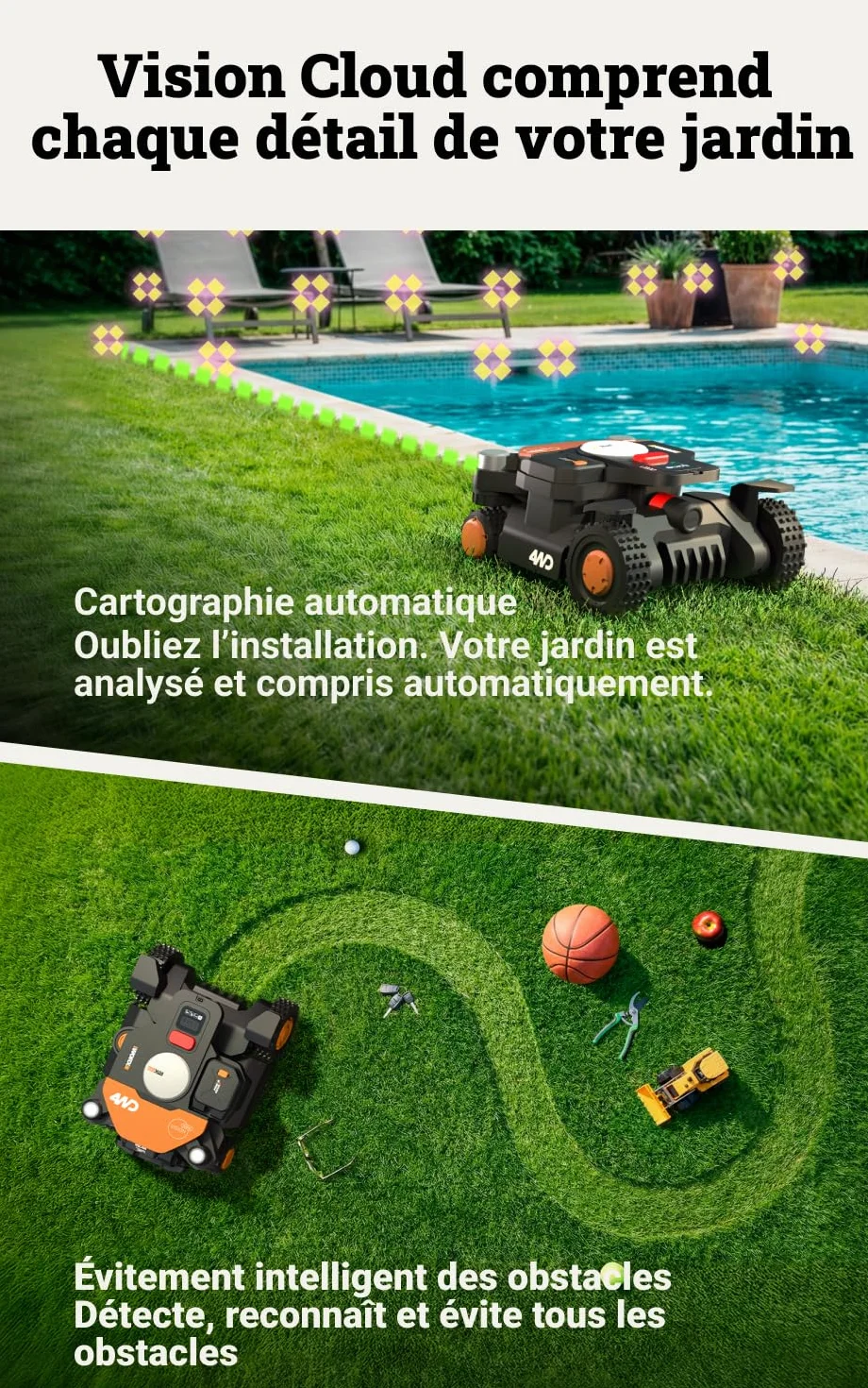 WORX Vision Cloud WR340E Robot Tondeuse sans Fil 600 m² VSLAM RTK 84%